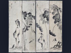 ■大成美術■【八大山人書 紙本 花鳥図四条屏】（検）清代書画家 中国画 墨寶妙品 中国書道 掛け軸 古美術 骨董 058