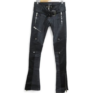 美品 VERSACE ヴェルサーチ 2022年モデル Belted leather denim flared pants ベルテッド レザー×デニム コンビフレアパンツ 38 ブラック