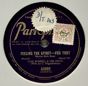 LUIS RUSSELL & HIS ORCHE/ FEELING THE SPIRIT/BLESS YOU! SISTER/(Parlophone A3992) 78rpm spレコード　（豪）