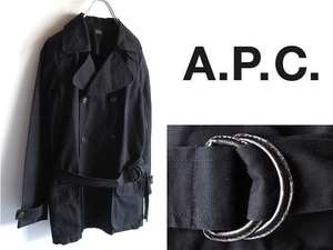 チュニジア製 A.P.C. アーペーセー 片側ジップポケット ベルト付 コットンツイル トレンチコート 36 黒 ブラック 国内正規品