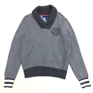 ●TOMMY HILFIGER トミーヒルフィガー ロゴ刺繍 ショールカラー ローゲージニット セーター XS グレー コットンニット 国内正規品 メンズ