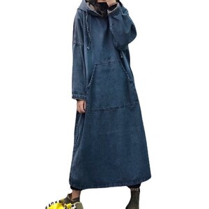 即決◇ ワンピース デニム ロング ゆったり ミセス フード付き ワンピース 無地 シンプル M.L.XL.2XLサイ