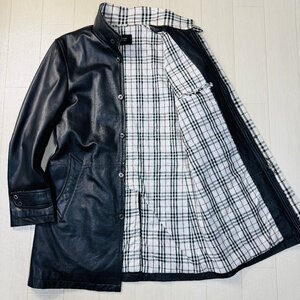 良品/Lサイズ★バーバリー/BURBERRY BLACK LABEL 羊革 ラムレザー スタンドカラー コート ジャケット ノバチェック ロゴ刻印 メンズ 黒