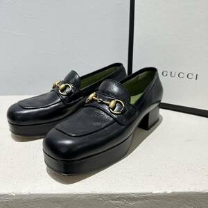 GUCCI グッチ ホースピット 厚底 ヒール ローファー 靴 MADE IN ITALY イタリア製 BLACK ブラック 系 サイズ 37