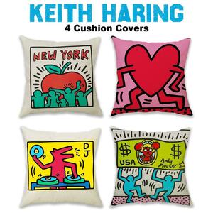 4枚セット キースヘリング クッションカバー 45×45cm KEITH HARING リネン 麻 クッション ポップアート インテリア 雑貨