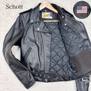 【美品】 Schott ショット メンズ ライダースジャケット レザージャケット アウター 星条旗 中綿 キルティング 618F レザー 牛革 黒 M相当