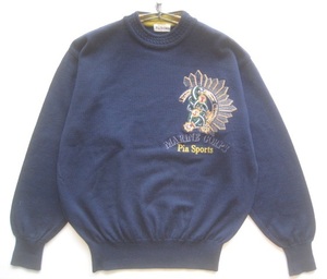 美品3.2万!!ピアスポーツ PIASPORTS*日本製 MARINE ロゴ刺繍 ウールニットセーター 3 実寸M 紺 ライカ RAIKA