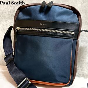 未使用級◎ポールスミス Paul Smith ユーティリティーポケット ショルダーバッグ サコッシュ メンズ バイカラー クロスボディバッグ レザー