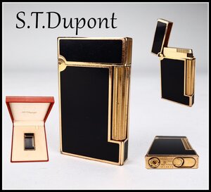 【吉】ZC685 デュポン 【S.T.Dupont】 薄型 ガスライター ゴールド×黒／箱付 発火確認済み美品！