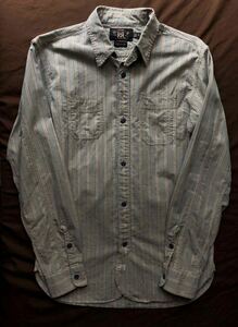 【傑作】極美品RRL STRIPED WORK SHIRT ダブルアールエル ストライプ ブルー グレー ヴィンテージ メタルボタン ワーク シャツ XS