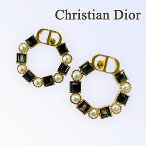 クリスチャンディオール Christian Dior ピアス ラウンド コスチュームパール イミテーションパール ラインストーン CDロゴ