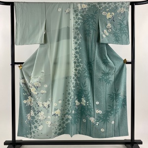 訪問着 身丈152.5cm 裄丈63cm S 袷 落款 桜 シルエット 薄緑 正絹 美品 秀品 【中古】