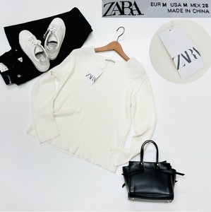 未使用品 /M/ ZARA ホワイト 長袖ニット レディース タグ オフィスカジュアル トップス通勤フェミニン大人可愛い白 ガーリー デイリー ザラ