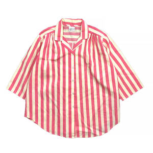 90S USA製 ヴィンテージ ピンク ワイドストライプ ワークシャツ 長袖シャツ オーバーサイズ レディースXL 大きいサイズ 古着 BG0570