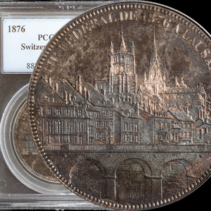 【歳末感謝セール中】1876年 スイス 5フラン銀貨 ローザンヌ射撃祭 PCGS MS63 都市景観 ヘルベティア アンティークコイン