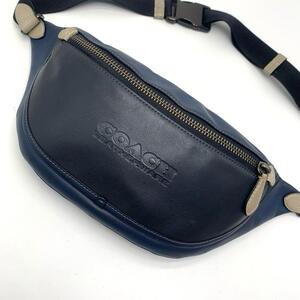 1円【極美品】COACH コーチ リーグ ボディバッグ ウエストポーチ ショルダーバッグ クロスボディ ネイビー メンズ 斜め掛け レザー