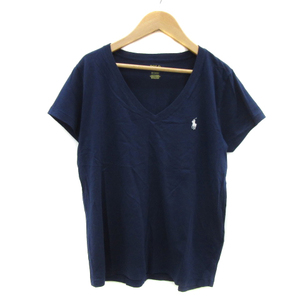 ポロ ラルフローレン POLO RALPH LAUREN Tシャツ カットソー 半袖 Vネック ワンポイントロゴ刺? M 紺 ネイビー 白 レディース