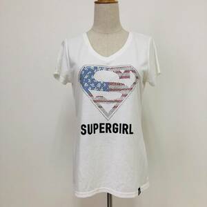 k1963 美品 SUPER GIRL レディース Tシャツ 半袖 薄手 Vネック ビジュー スーパーマン L 白 光沢 万能 ロゴ ベーシックカジュアルスタイル