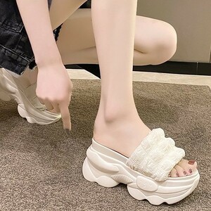 23cm レディース 超厚底 フラット サンダル スリッパ 大人 くしゅくしゅ 身長up 綺麗 可愛い 軽量 靴 ホワイト 445 R35