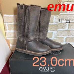 【売り切り!送料無料!】A-179 emu!ミドル丈ブーツ!23.0cm位!ブラウン!ヴィンテージ!サイドファスナー!内側ファー!暖かい！中古!