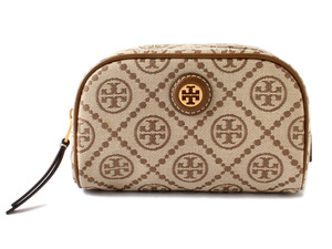 E23972 新品未使用 TORY BURCH トリーバーチ ロゴ 総柄 ポーチ ベージュ系 小物入れ 化粧ポーチ コスメポーチ 