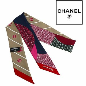 【1円/人気】シャネル CHANEL リボンスカーフ シルクスカーフ ココマーク ツイード柄 レジメンタル ヘアバンド ネクタイ バンダナ 6×123㎝