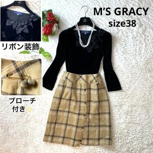 2点セット★M’S GRACY 　エムズグレイシー　ワンピース　トップス　スカート　リボン　チェック　黒　ベージュ　チェック　ブローチ M 38