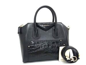 1円 ■美品■ GIVENCHY ジバンシィ アンティゴナ レザー×クロコダイル型押しレザー 2WAY ハンドバッグ ショルダー ブラック系 FJ2787