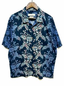 ★美品★Tommy Bahama トミーバハマ 半袖 シルク アロハシャツ L★ネイビー 紺 ハワイアン 総柄 オープンカラー 開襟 ボックス型 100%SILK