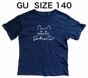 【送料無料】中古 GU ジーユー 半袖Tシャツ 猫 Darling Cat ブラック サイズ140