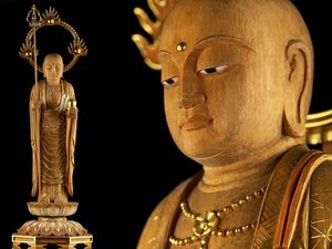 【流】仏教美術 木彫金彩特大地蔵菩薩像 高65cm TT195