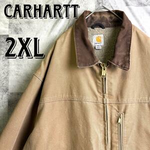 【希少 スーパービッグサイズ】 carhartt カーハート ダック地 裏ボア トラディショナルジャケット レザーロゴ ベージュ 2XL