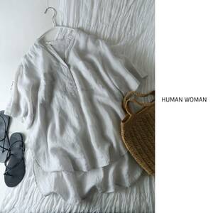 1.8万☆ヒューマンウーマン HUMAN WOMAN☆洗える 160/1ラミー半袖ブラウス Mサイズ☆A-O 3272