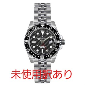 ★未使用訳あり品★ 自動巻 Cronos ブラック 黒 カーボン文字盤 GMT Hangzhou 6460 メンズ腕時計 機械式 ハイビート 24H両回転ベゼル