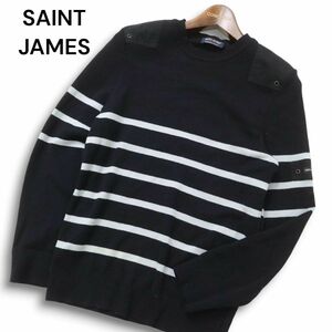 SAINT JAMES セントジェームス 秋冬 ピュア ウール★ ロゴ ボーダー コマンドー ニット セーター Sz.S位　メンズ ネイビー　C4T08823_A#K