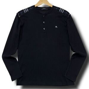 極美品/ Lサイズ BURBERRY BLACK LABEL バーバリーブラックレーベル 長袖 Tシャツ ノバチェック ホースロゴ刺繍 ブラック 黒 3サイズ