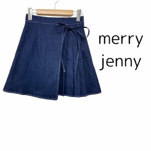 【送料込】 2023年製☆merry jenny メリージェニー スカート ネイビー 紺 綿混 デニムリボンプリーツスカート ウエストゴム FREE/961060