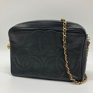 美品 CHANEL シャネル キャビアスキン トリプルココ チェーンショルダーバッグ カメラバッグ ココマーク クロスボディ ブラック