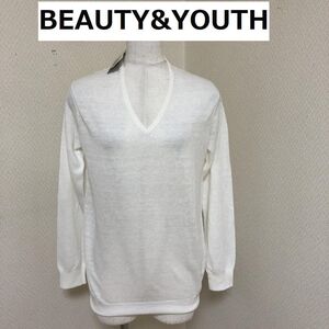 BEAUTY&YOUTH レディース 接触冷感 リネンニット サマーニット Vネック ホワイト 白 無地