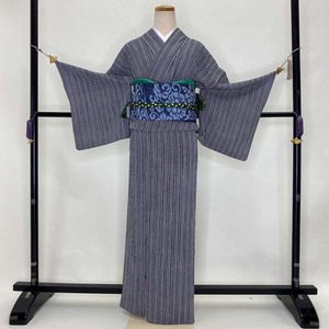 小紋セット 4点セット 単衣 お洒落セット 裄65cm 名古屋帯 帯締め 帯揚げ 縞 ポリエステル 2715