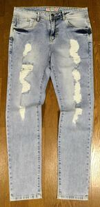 8.5@ 新品「FORCAP’S」“BOYFRIEND DAMAGE MODEL” クラッシュ加工 ストレッチ テーパードジーンズ S-Blue SIZE:32