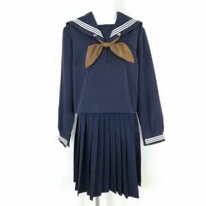 1円 セーラー服 スカート スカーフ 上下3点セット 180A 大きいサイズ 特大 冬物 白3本線 女子 学生服 中学 高校 紺 中古 ランクC NA8539