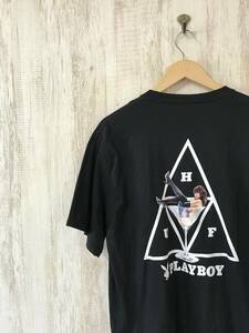 721☆【コラボ ダブルネーム ガールプリントTシャツ】PLAYBOY × HUF プレイボーイ ハフ L 黒