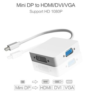 mini DP to HDMI/VGA/DVI マルチ 変換ケーブル 【ホワイト】