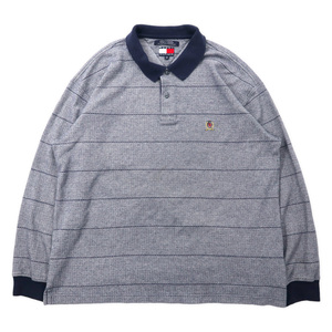 TOMMY HILFIGER 90年代 長袖ポロシャツ XXL グレー ネイビー コットン ヘリンボーン ワンポイントロゴ ビッグサイズ