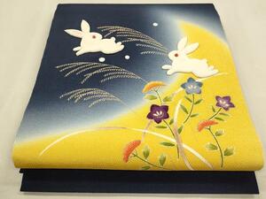 平和屋着物●人形作家・ホリヒロシ　九寸開き名古屋帯　うさぎ　草花文　金彩　鬼しぼ縮緬　正絹　逸品　CAAL5141th