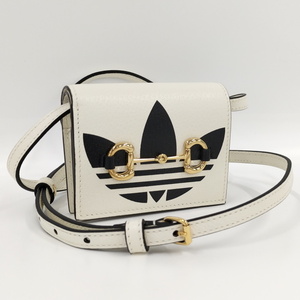 【中古】GUCCI adidas コラボ ショルダーウォレット ホースビット レザー ホワイト 702248