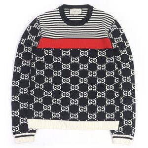 美品□GUCCI グッチ 496458 コットン100％ クルーネック ストライプ GGジャガード 長袖ニット セーター ブラック M イタリア製 正規品