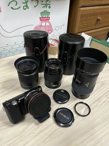 1円スタート！ SONY α カメラ レンズ 3本 アダプター セットNEX-5 LA-EA1 MINOLTA AF ZOOM 80-200mm 100-300mm コニカ 18-70mmミラーレス