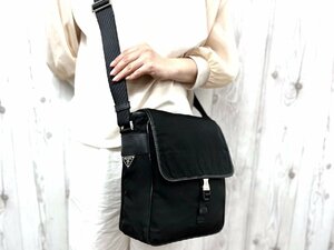 極美品 PRADA プラダ テスート ショルダーバッグ バッグ ナイロン×サフィアーノレザー 黒 メンズ 77102Y